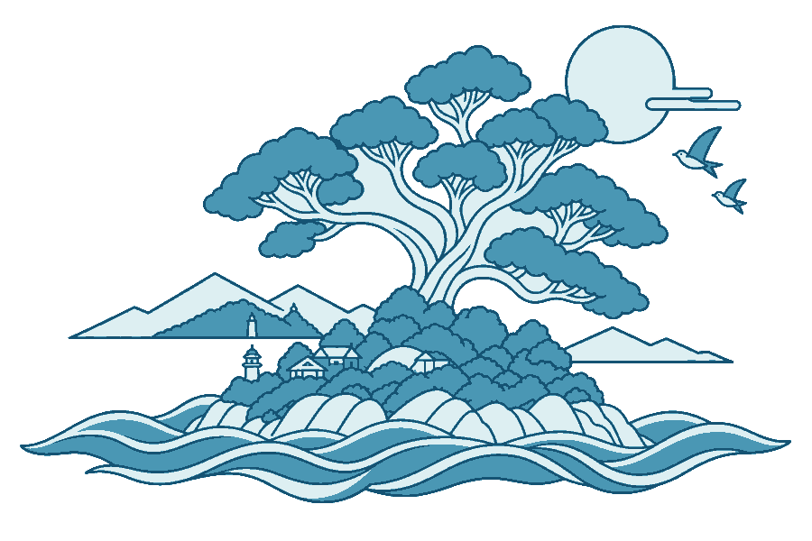 島に根を張り未来へ伸びる木のイラスト